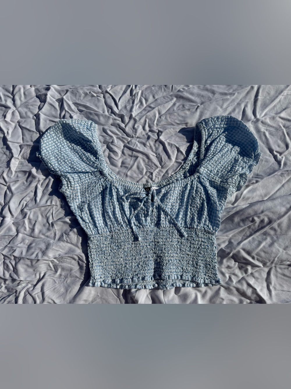 Blue Gingham Puff Sleeve Crop Top With Bow